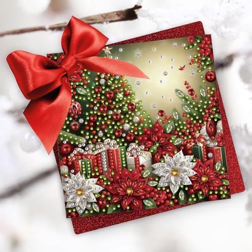 6Pcs Christmas Greeting Card DIY Diamond Art Painting Greeting Cards Blessing Folding Card Kit with White Envelopes Diamond Arts Crafts for Birthday Festival Gift-Poinsettia