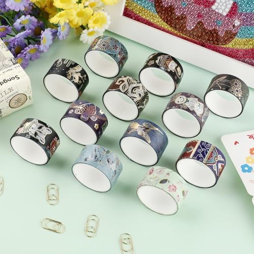 12 Rolls Vintage Gold Washi Tape Set, Gold Foil Cat Mask Pattern Decorative Tape,Japanese Arts Decorative Masking Tapes for DIY Scrapbook Design Journaling Handbook Making Card Wrap Craft Gift ﻿