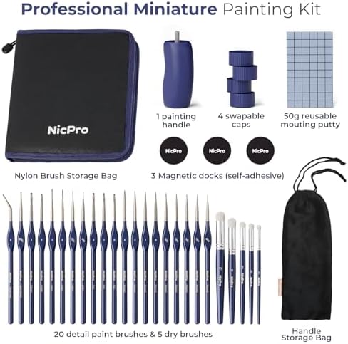 Nicpro Professional Miniature Painting Kit - 25PCS Miniature Paint Brushes Drybrush with Magnetic Painting Handle, Model Paint Brushes for Miniatures, Model, Craft, Acrylic Painting, with Nylon Bag