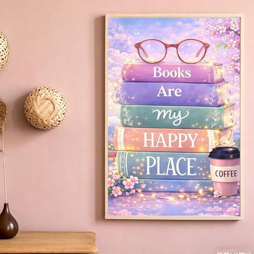 EOPLK Books Diamond Painting Kits for Adults, Books are My Happy Place Diamond Art Kit for Beginners, 5D DIY Full Drill Round Gem Painting by Numbers for Home Wall Decor Gift, 12x16 inch