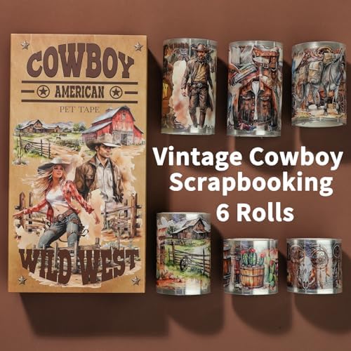 Pre-Cut PET Washi Tape - 6 Rolls, 460 Retro Western Cowboy Designs for Journaling, Scrapbooking Stickers, and DIY Crafts (Transparent, Easy-to-Tear, Durable PET Material)