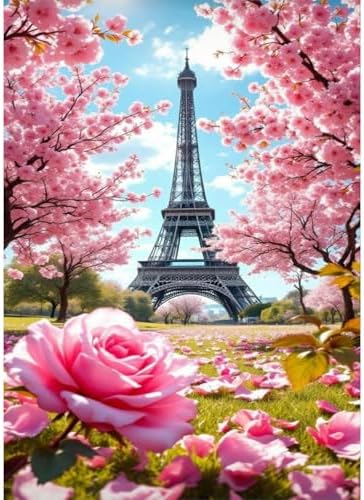 MVVMTOP Diamond Painting Kit for Adults 5D DIY Eiffel Tower and the Flower Trees Full Drill Round Diamond Art Kits for Beginners Crystal Rhinestone Embroidery Painting Home Wall Decor Gift