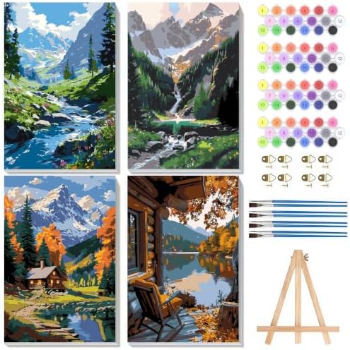 4 Pack Frame Paint by Numbers Kit for Adults, Landscape Paint by Numbers