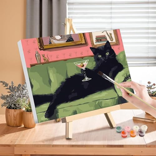 Black Cat Paint by Numbers for Adults with Framed Canvas - Wooden Easel