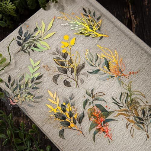 Dizdkizd Holographic Flower and Leaf Sticker Set, 240 Foil Gold Botanical Scrapbook Sticker Small Transparent Floral Decals for Journal, Planner, Photo Album, Card