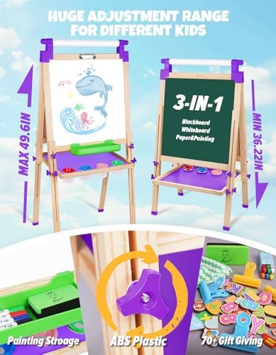 Joyooss Art Easel for Kids Easels for Toddler with Paper roll Purple | Wooden Chalkboard for Kids Adjustable Double Sided Dry Erase Board,Toddler Art Easels for Kid Ages 4-8