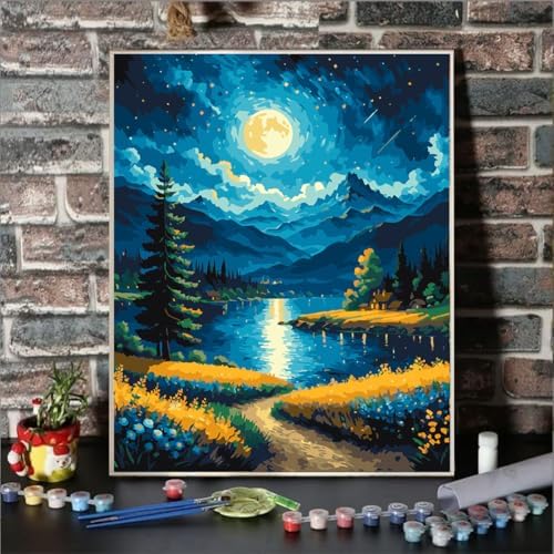Lovepefe Moon Paint By Numbers Kit for Adults Beginner Forest Adult Paint By Number Kits On Canvas Adults Kits DIY Lake Flowers Oil Painting Kits for Gift Home Wall Decor 16x20 Inch