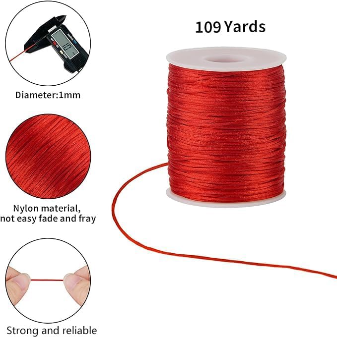 Red Nylon String Cord - 1MM 100 Yards Braided Ornament Twine Thread for Bracelet Making, Nylon Necklace Jewelry Thread Clay Bead String for Crafts Bracelets, Macrame Beading Satin Cord