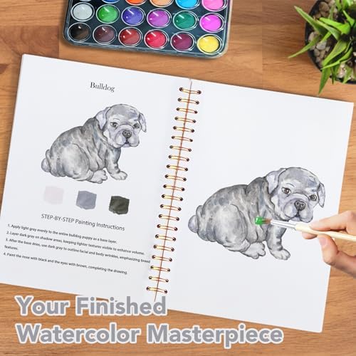 Easy Watercolor Workbook for Beginners - 12 Beautiful Step-by-Step Paintings Water Coloring Book, Includes 18 Colors Paints, Relaxing Art Projects and Creative Gift for Adults & Teen (Dogs)