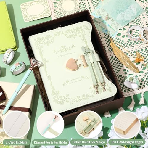 Janlaugh DIY Journal Diary with Lock Pack Scrapbook Kit, Light Green, Fresh | Stationery Diary Supplies, Scrapbook Supplies Art Crafts Kit for Birthday Holidays Ideal Gifts, Feather Bookmark Stickers