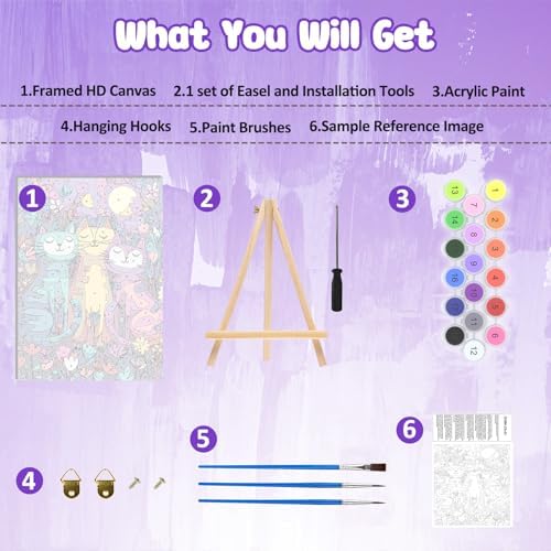 MAXBYE Framed Paint by Numbers Kits for Adults, Colorful Cat Paint by Numbers Kit for Adults with Wooden Easel, Easy DIY Oil Painitings Kits with Tools for Beginners Gift Home Wall Decor 10×14 Inch