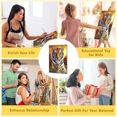 Bowetile Framed Paint by Numbers Tiger for Adults Beginners, Adults' Paint-by-Number Tiger Kits, Easy Adult Paint by Number Kits on Canvas, Acrylic Animals Number Painting for Home Decor, 8x12in