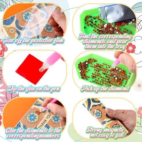 Saillong 12 Pack Thank You Diamond Painting Greeting Card Kit DIY Spring Flower Diamond Art Cards with Envelope Teacher Appreciation Gift 5D Rhinestones Painting Making Kit for Adult Teacher DIY Craft