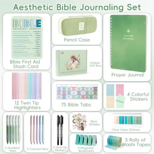XKDOUS 50 Bible Study Supplies Journaling Kit with Journal and Case, Green