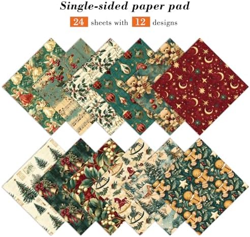 6inch Christmas Scrapbooking Cardstock Decorative - 24 Sheets Patterns Designed Paper Pad Decoupage Folded Card Making Origami Gift Wrapping Supplies for Journals DIY Crafts