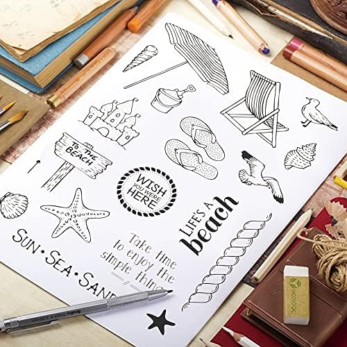 Summer Beach Vocation Clear Stamps for Card Making Decoration, Ocean Sea Sun Sand Words Castle Transparent Rubber Seal Stamps for Photo Card Album DIY Scrapbooking Crafting Supplies
