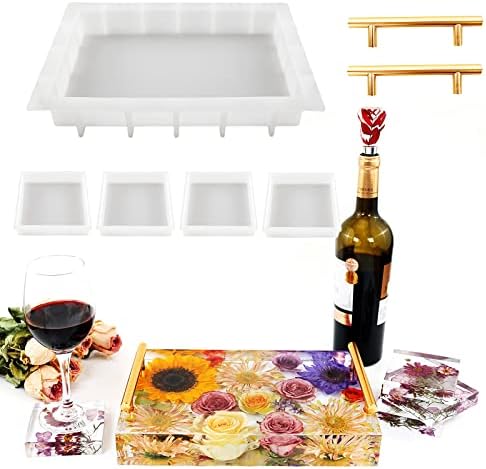 Resin Tray Molds Silicone, 13.5" Large Deep Rectangle Molds for Resin with 4pcs Coasters Mold, Epoxy Casting Molds for DIY Flowers Preservation Art Making Home Décor