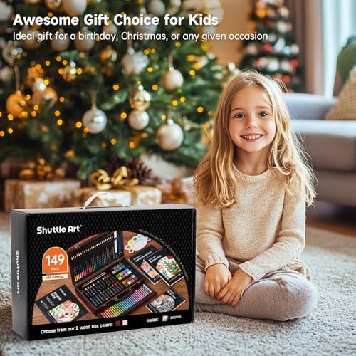 Shuttle Art 149 Piece Deluxe Art Set, Art Supplies in Wooden Case, Painting Drawing Art Kit with Crayons Colored Pencils Oil Pastels Coloring Book Sketch Pad for Kids Adults