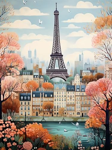 5DDIYART Paint by Numbers for Adults Beginner, Paris Eiffel Tower Paint by Number Kits on Canvas Without Framed,Paint by Easy Acrylic Painting Home Wall Decor 12x16inch