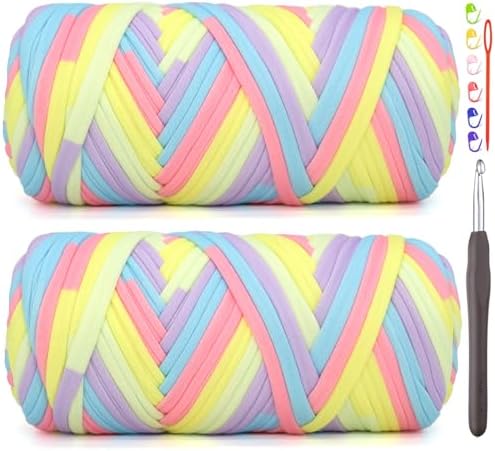 2 Pack Tshirt Yarn for Crocheting,Rainbow T Shirt Chunky Elastic Thick T-Shirt Crochet Yarn for Beginners Crocheting Hand Knitting Bag/Basket/Coasters/DIY Crafts/Home Decor 2 * 200G-Pastel Rainbow