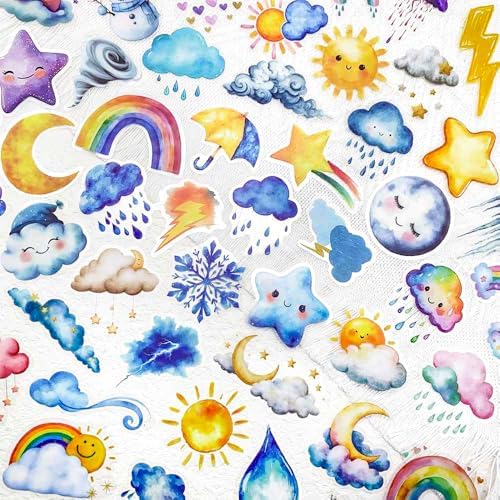 50 Cute Watercolor Weather Stickers for Scrapbooking – Waterproof Clear PET, Weather Decals with Sun, Clouds, Stars, Rainbows & Lightning – Aesthetic Clear Stickers for Journals, Planners, Crafting