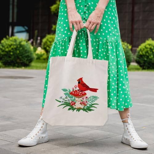 Louise Maelys Embroidery Kit, Cardinal Mushroom Canvas Tote Bag Craft Set