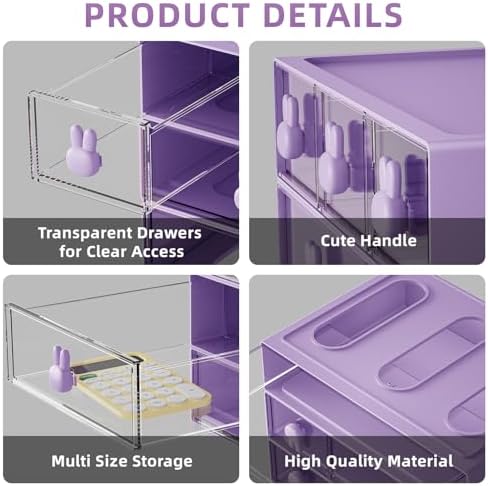 Marbrasse Desk Organizer with 6 Drawers, 3 Tier Stackable Storage Drawers Plastic Makeup Storage, Office Organizers and Storage, Desk Storage Box for Office, School, Home Purple