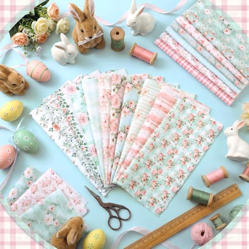 HunnmingRe 20 Pcs 10''x10'' Pink and Green Floral Quilting Fabric Squares