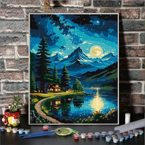Lovepefe Mountain Paint By Numbers Kit for Adults Lakeside Cabin Adult Paint By Number Kits On Canvas Moon Night Oil Painting Kit for Beginners Adults Kits for Gift Home Wall Decor 16x20 Inch