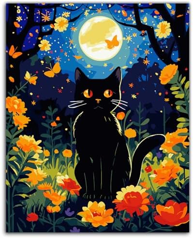 ZTOTZ Cat Paint by Numbers Kit for Adults, Painting by Numbers Black Cats Moon Night, Tuxedo Cat Adults' Paint-by-Number Kits, Animal cat Paints Number Kits 16x20 Canvas