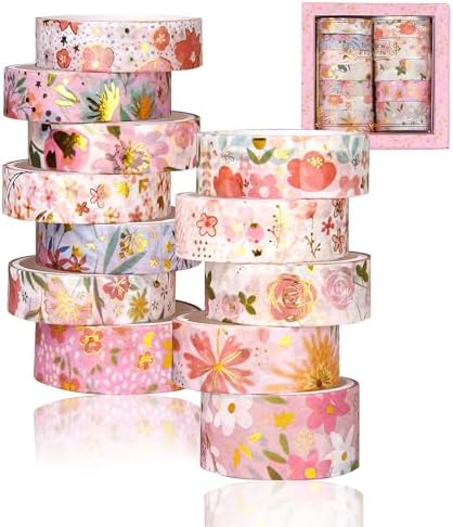 Washi Tape Set, Floral Washi Stickers, 12 Rolls Assorted Sizes, for Junk Journal Scrapbook Tape, Bullet Journaling Scrapbooking Supplies, Planner Sticker DIY Craft DéCor (Pink)