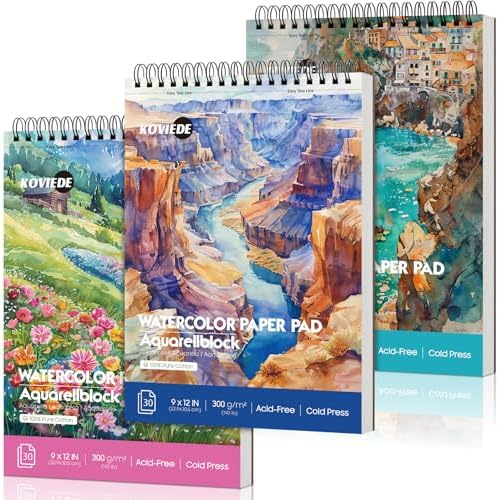 KOVIEDE 100% Cotton Watercolor Paper Pad 9"x12" (3 Pack, 30 Sheets Each)