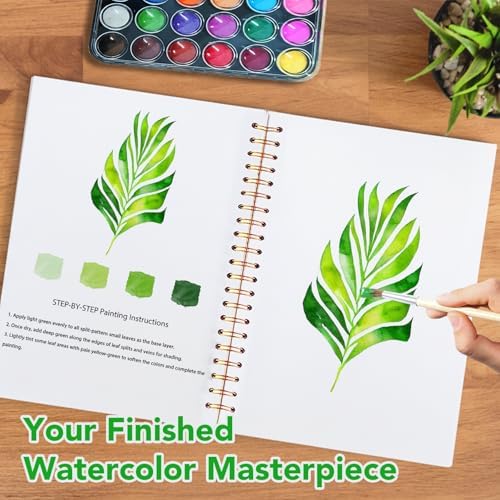 Easy Watercolor Workbook for Beginners - 12 Beautiful Step-by-Step Paintings Water Coloring Book, Includes 18 Colors Paints, Relaxing Art Projects and Creative Gift for Adults & Teen (Leaves)