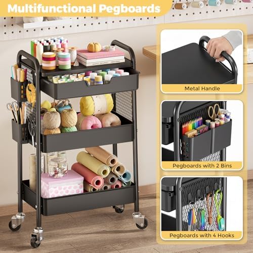 KINGBOARD 3 Tier Metal Rolling Cart with Drawer, Black Utility Storage Cart | 2 Cups & 4 Hooks, Lockable Wheels, Trolley Organizer for Bathroom, Kitchen, Office, Nursery, Dorm, Laundry, Craft Room