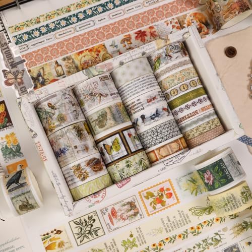 Vintage Washi Tape Set - 24 Rolls Arts Adhesive Tapes Assorted Retro Decorative Masking Tape Sets for Craft, Kids, Scrapbook, DIY, Gift Wrapping (4-Nature Journal)