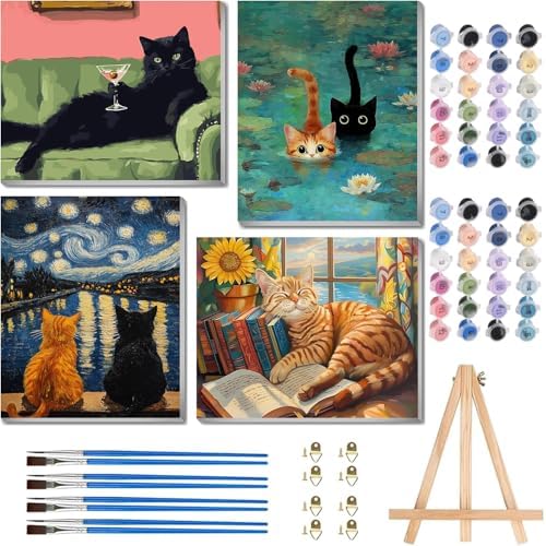 ARTISTKISS 4 Pack Framed Black Cat Paint by Numbers Kit for Adults 8x12inch