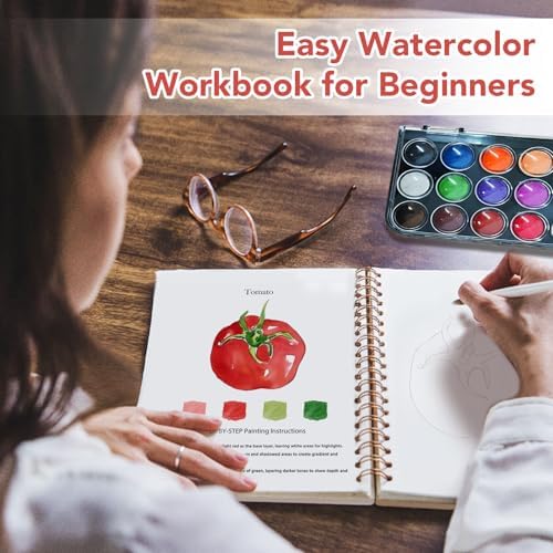 Easy Watercolor Workbook for Beginners - 12 Beautiful Step-by-Step Paintings Water Coloring Book, Includes 18 Colors Paints, Relaxing Art Projects and Creative Gift for Adults & Teen (Vegetables)