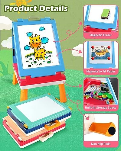 Elovien Easel for Kids,Tabletop Easel for Toddler, Foldable 4 in 1 Double Sided Kids Art Easel with Chalkboard & Magnetic Whiteboard,Portable Desktop Drawing Board - Gift for Boys and Girls (Green)
