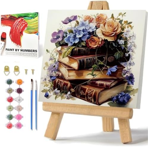 Books Paint by Numbers Kit for Adults Beginner, Paint by Numbers 10x10 Inch | Books Framed Paint by Numbers with Easel, Acrylic Painting by Numbers, DIY Arts and Crafts for Gifts or Home Decor