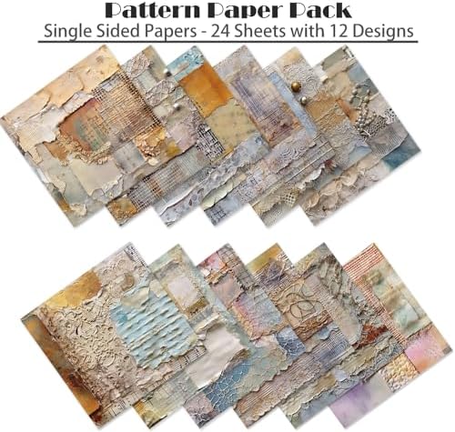 Vintage Junk Journal Paper Pad, 6 x 6 Inch Shabby Chic 160gsm Cardstock, 24 Sheets Retro Pearl & Tattered Letter Craft Paper for Anniversary Cards, DIY Scrapbooking