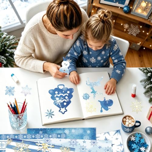 Konsait 24 sheets Winter Scrapbook Paper 12x12, Double Sided Blue Snowflake Patterned Paper Christmas Cardstock Snowflake Winter Origami Papers for DIY Crafts Card Making Scrapbook Supplies