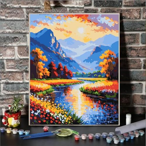 Lovepefe Scenery Paint by Numbers Kit for Adults Flowers Paint by Numbers Mountain Stream DIY Canvas Oil Painting for Gift Home Wall Decor 16x20 Inch