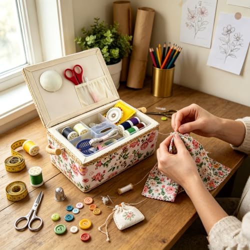 NROZIET Sewing Basket for Sewing Supplies, Wooden Sewing Kit Storage Box with Accessories, Vintage Sewing Kits Carrying Organizer with Handle for Embroidery, DIY Supplies, Beginner, Professional
