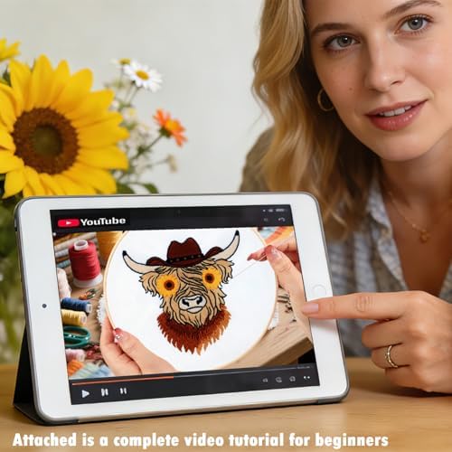 Highland Cow Embroidery Kits for Beginners Adults, Animal Hand Embroidery Starters Kits, Stamped Cross Stitch Kits DIY Needlepoint Kits for Beginners Adults, Embroidery Hoop, Thread and Video Tutorial