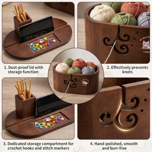 Oval Wood Yarn Bowl Set with Lid, Large Knitting & Crocheting Yarn Holder with 9 Metal Crochet Hooks & 10 Stitch Markers, Built-in Phone Stand, Yarn Storage Organizer for Crafters