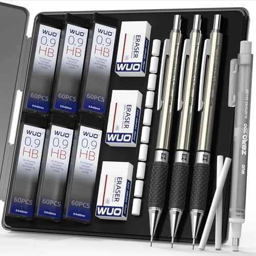 WUO 0.9 mm Mechanical Pencil Set with Eraser Pen Storage Case, 3 PCS