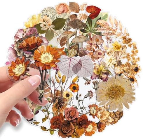 50PCS Withered Plants Stickers, Waterproof Vinyl PET Transparent Vintage Dried Flower Decals for Laptop, Luggage, Skateboard, Phone, Fridge, Trendy Stickers for Teens, Adults, Boys and Girls(withered)