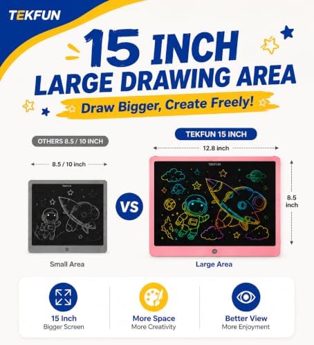 TEKFUN 15 Inch LCD Writing Tablet for Girls Ages 3–12, Large Drawing Tablet for Kids, Screen-Free Writing Pad for Learning Quiet Time, Creative Christmas Gift for 3 4 5 6 7 8 Year Old Girl (Pink)