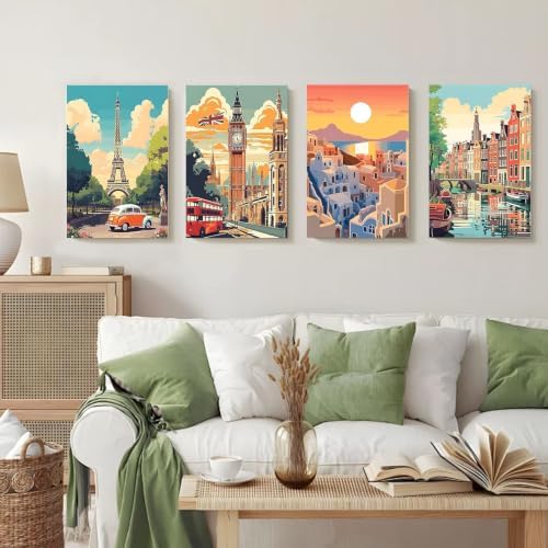 4 Pack Cityscape Framed Paint by Numbers Kit for Adults with Easel 8x12 in