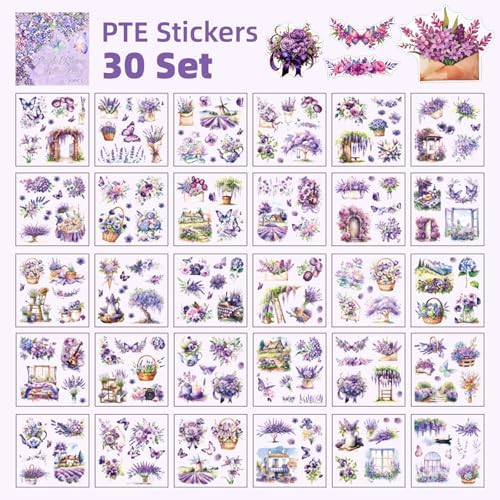 Purple Garden Scene Theme Sticker Scrapbooking Supplies for Junk Journal, 30 Sheets PET Stickers - Vintage Journaling Stickers, Ephemera Sticker Book Pre Cut(TZ-005-003)